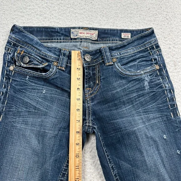 Mek Denim Jeans Womens 27x34 Oldham Bootcut Distressed Flap Pockets Stretch Blue - Picture 7 of 13